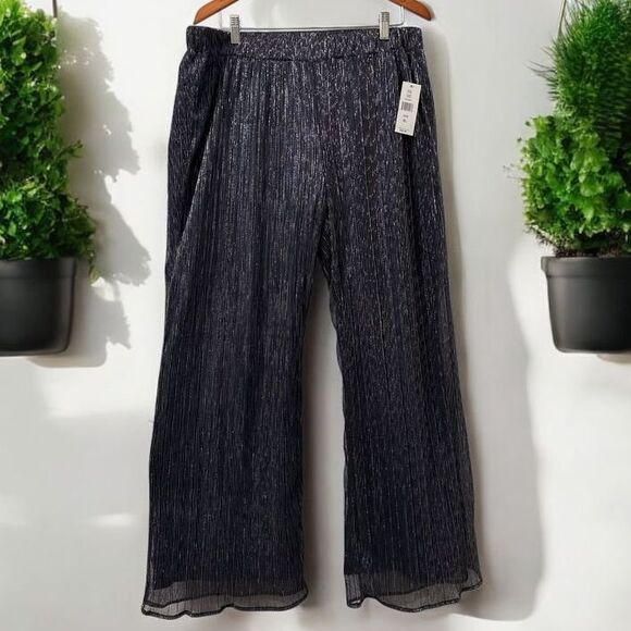 JM Studio Metallic Pleated Wide‎ Leg Palazzo Pants Shimmer Elastic Waist XL - Picture 1 of 2